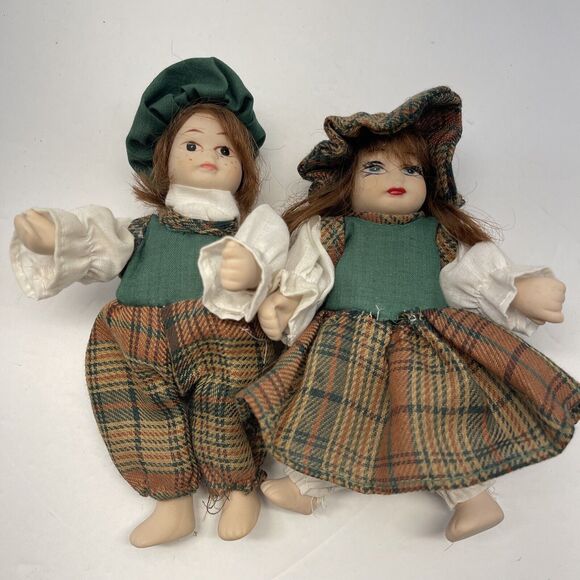 Vintage 6” Mini Porcelain Dolls Posable Plaid Outfit Couple Hand Painted B#3 - Picture 8 of 12